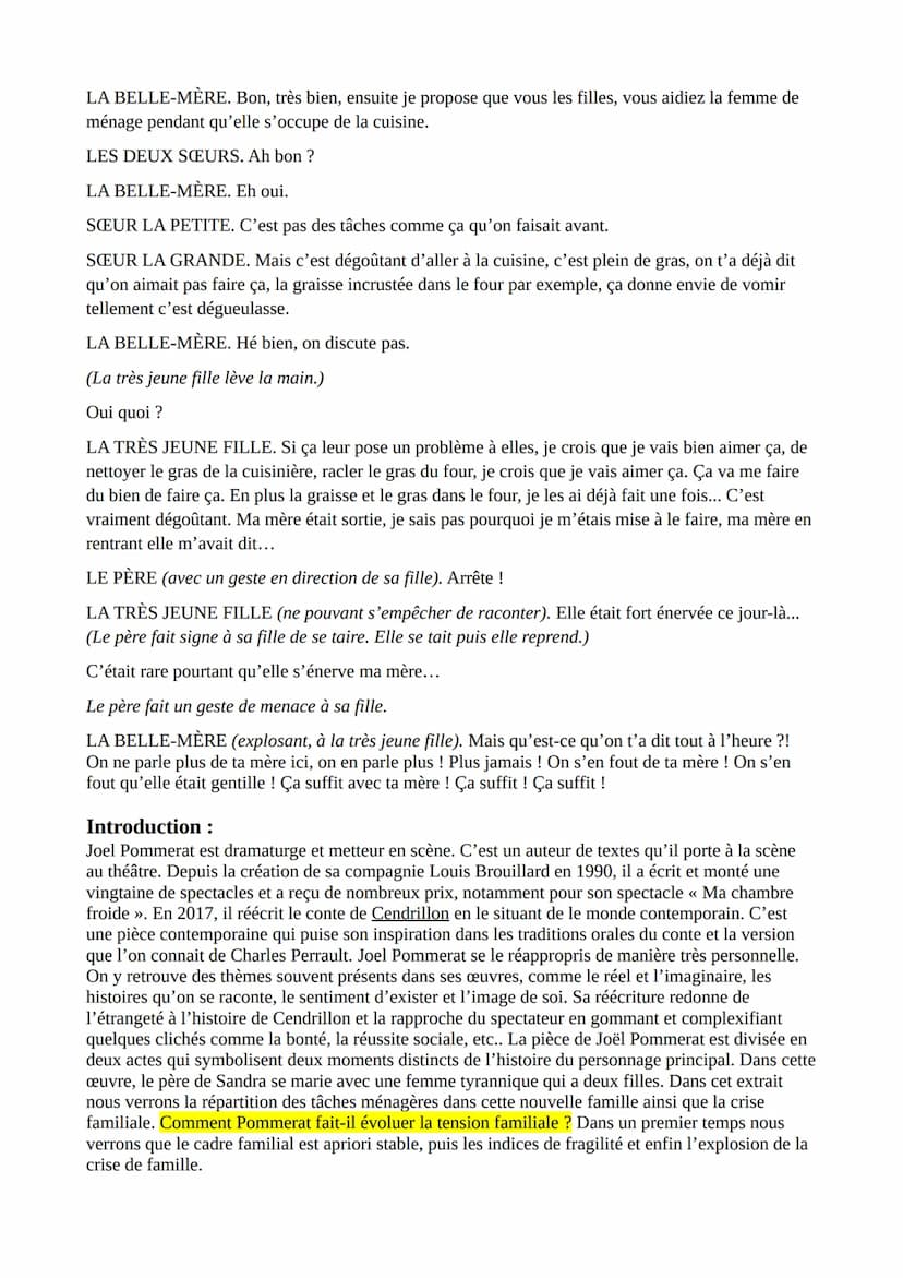 LECTURE LINEAIRE: Joel Pommerat, Cendrillon : « Partie 1, scène 10 » au
XXe siècle
Texte :
Le lendemain.
La famille est réunie. La belle-mèr