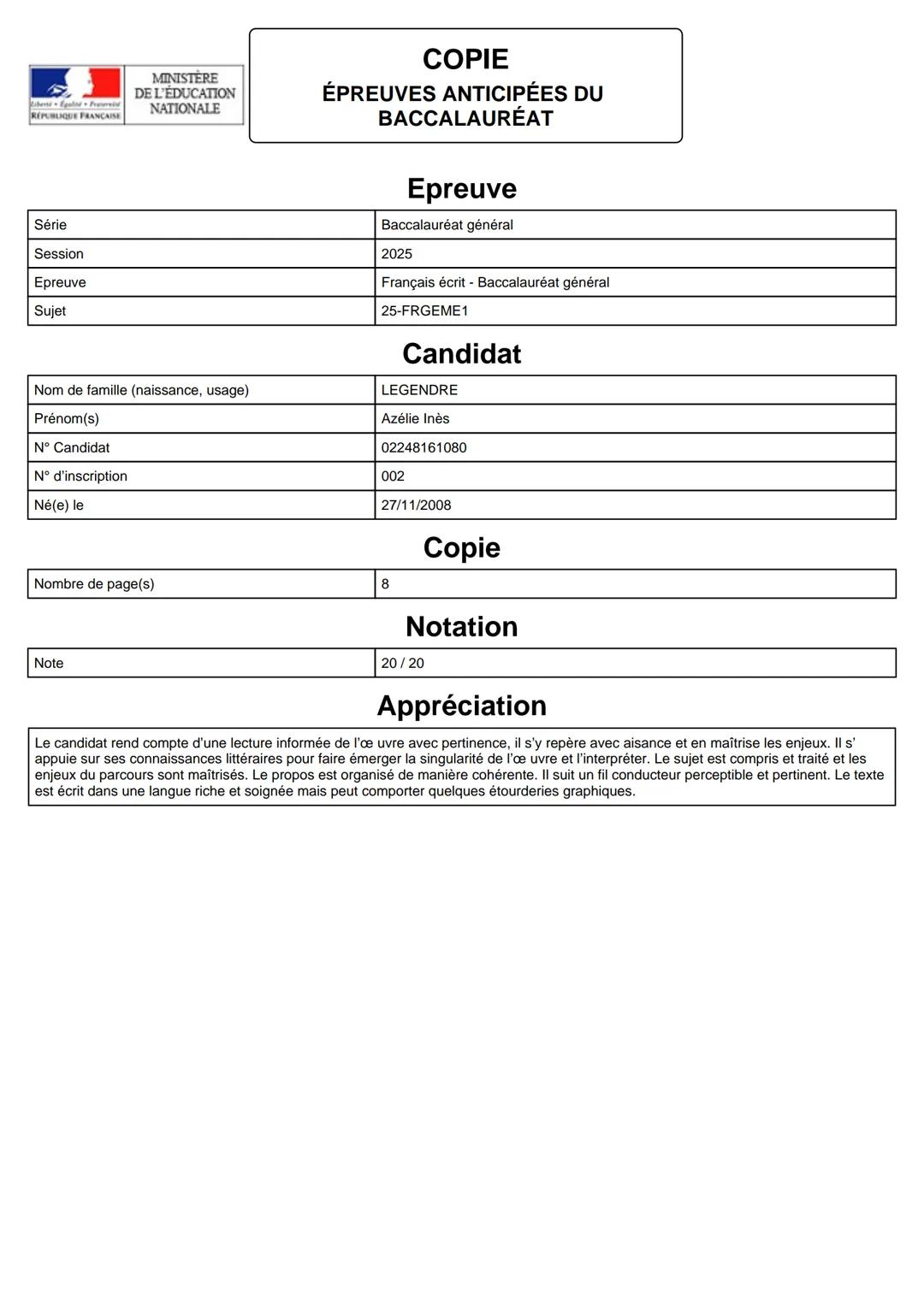 Série
Session
Epreuve
Sujet
MINISTERE
DE L'EDUCATION
NATIONALE
Nom de famille (naissance, usage)
Prénom(s)
N° Candidat
N° d'inscription
Né(e