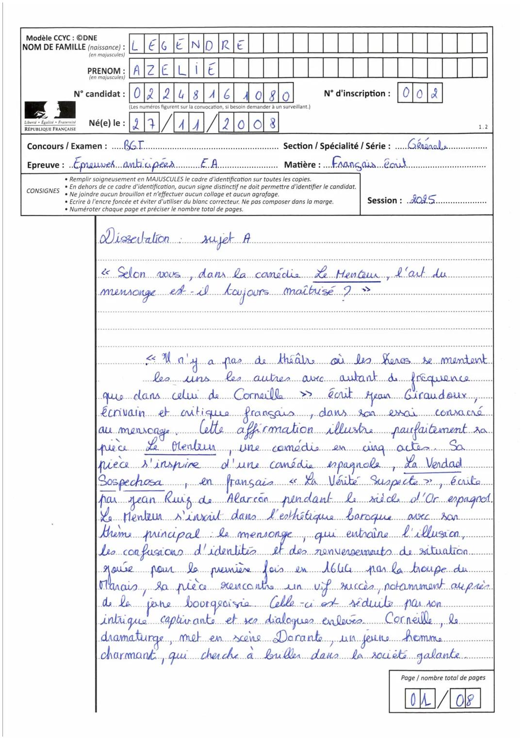 Série
Session
Epreuve
Sujet
MINISTERE
DE L'EDUCATION
NATIONALE
Nom de famille (naissance, usage)
Prénom(s)
N° Candidat
N° d'inscription
Né(e