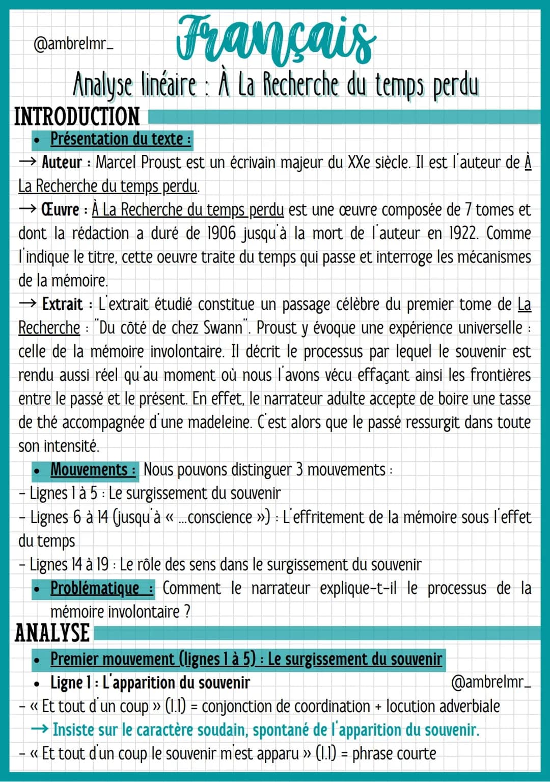 Analyse Linéaire : À La Recherche Du Temps Perdu et Du Côté de chez Swann (PDF)