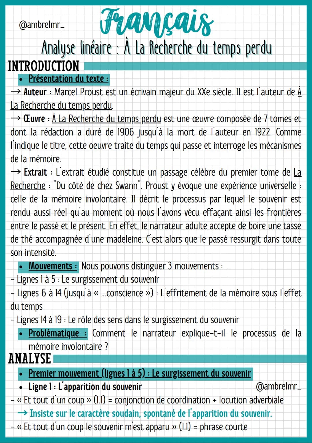 @ambrelmr_
Français
Analyse linéaire : À La Recherche du temps perdu
INTRODUCTION
Présentation du texte :
→ Auteur : Marcel Proust est un éc