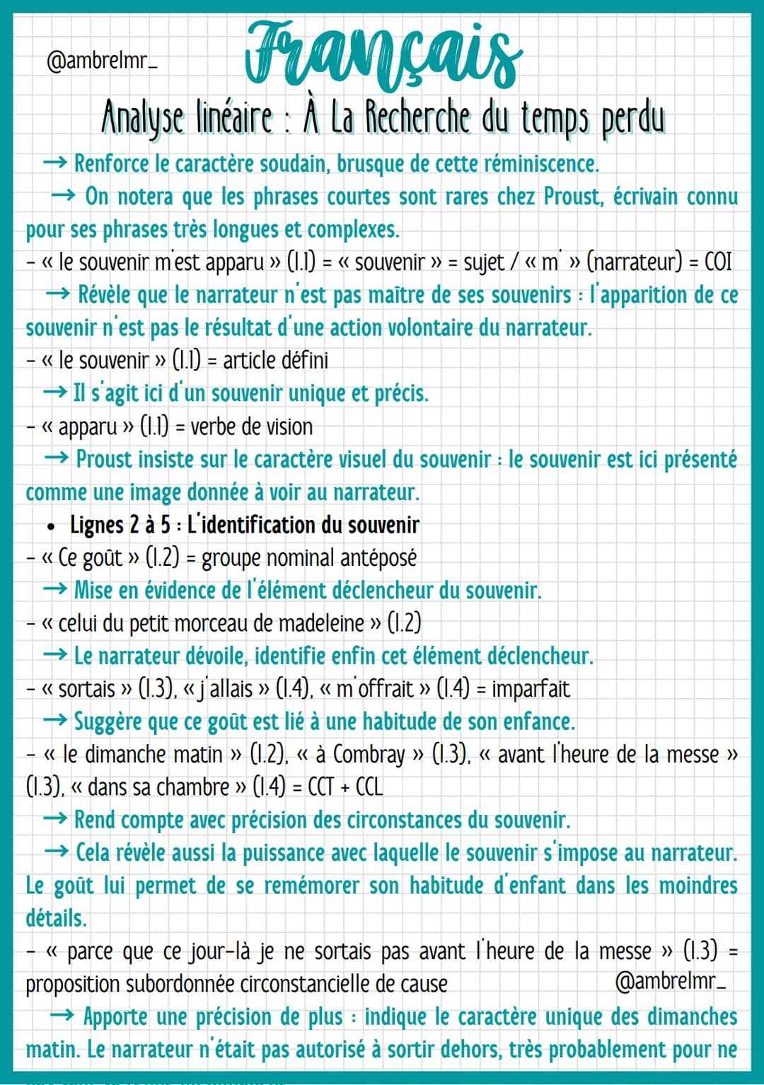 @ambrelmr_
Français
Analyse linéaire : À La Recherche du temps perdu
INTRODUCTION
Présentation du texte :
→ Auteur : Marcel Proust est un éc