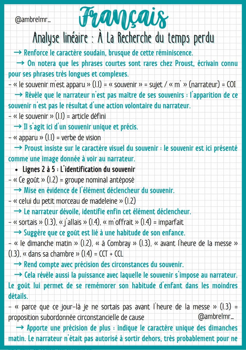 @ambrelmr_
Français
Analyse linéaire : À La Recherche du temps perdu
INTRODUCTION
Présentation du texte :
→ Auteur : Marcel Proust est un éc