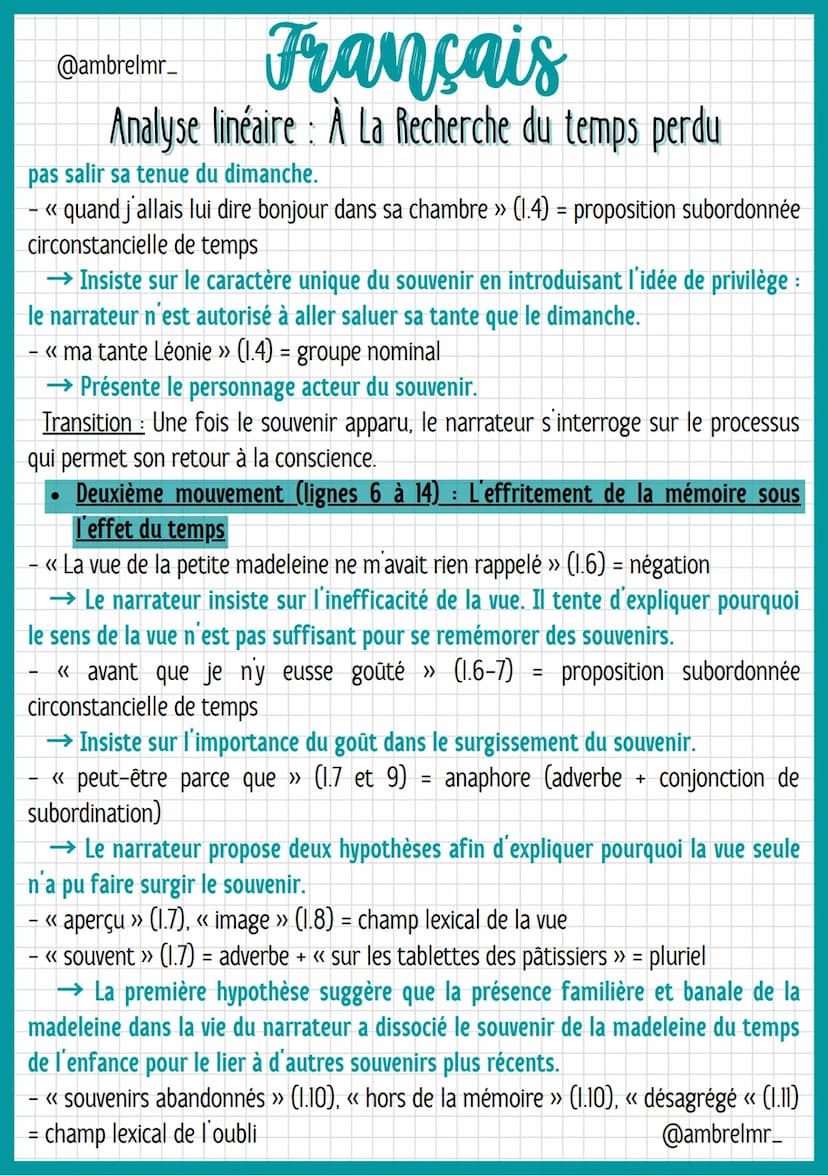 @ambrelmr_
Français
Analyse linéaire : À La Recherche du temps perdu
INTRODUCTION
Présentation du texte :
→ Auteur : Marcel Proust est un éc