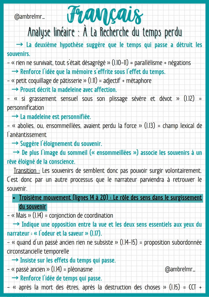 @ambrelmr_
Français
Analyse linéaire : À La Recherche du temps perdu
INTRODUCTION
Présentation du texte :
→ Auteur : Marcel Proust est un éc
