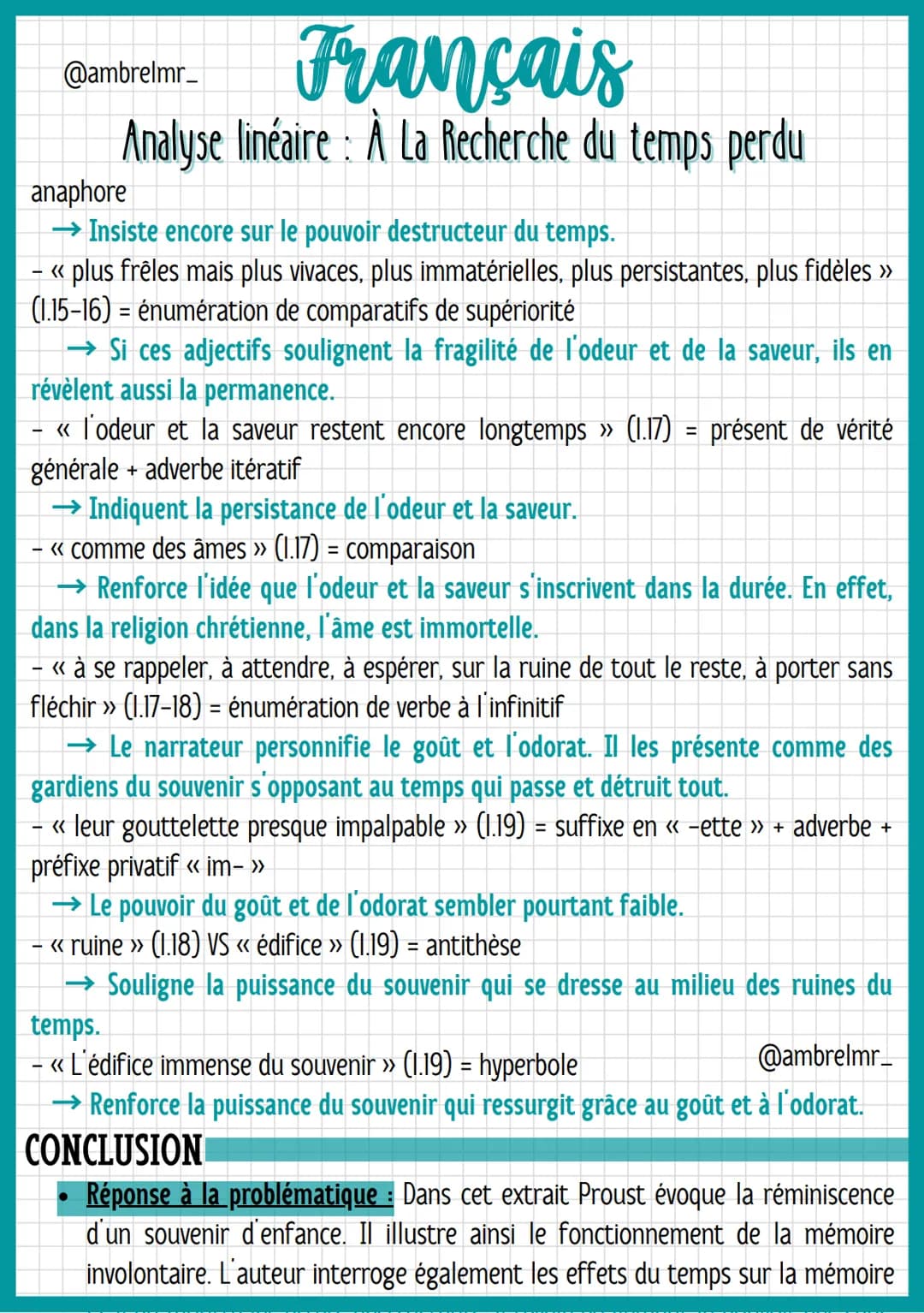 @ambrelmr_
Français
Analyse linéaire : À La Recherche du temps perdu
INTRODUCTION
Présentation du texte :
→ Auteur : Marcel Proust est un éc