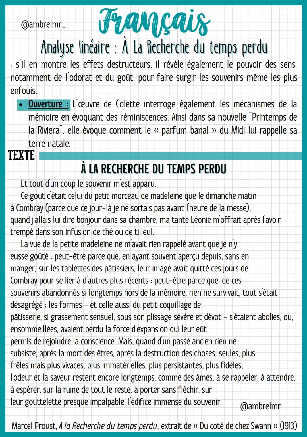 @ambrelmr_
Français
Analyse linéaire : À La Recherche du temps perdu
INTRODUCTION
Présentation du texte :
→ Auteur : Marcel Proust est un éc