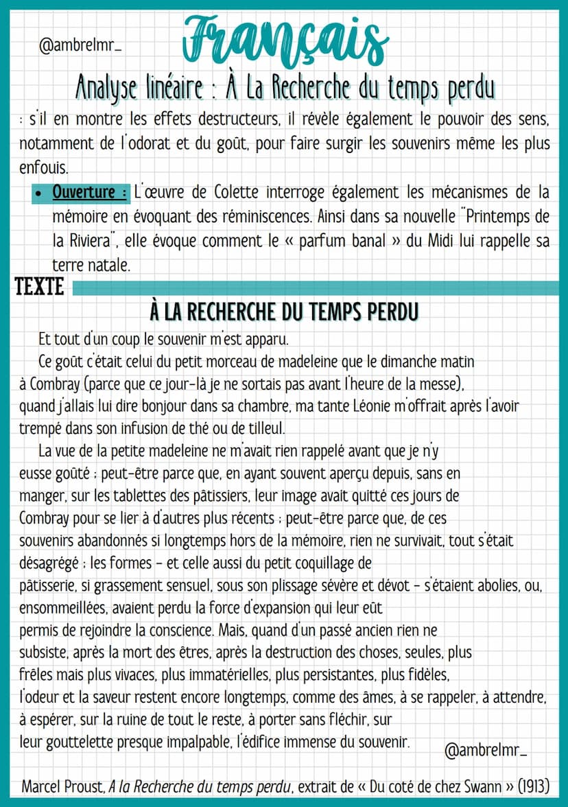 @ambrelmr_
Français
Analyse linéaire : À La Recherche du temps perdu
INTRODUCTION
Présentation du texte :
→ Auteur : Marcel Proust est un éc