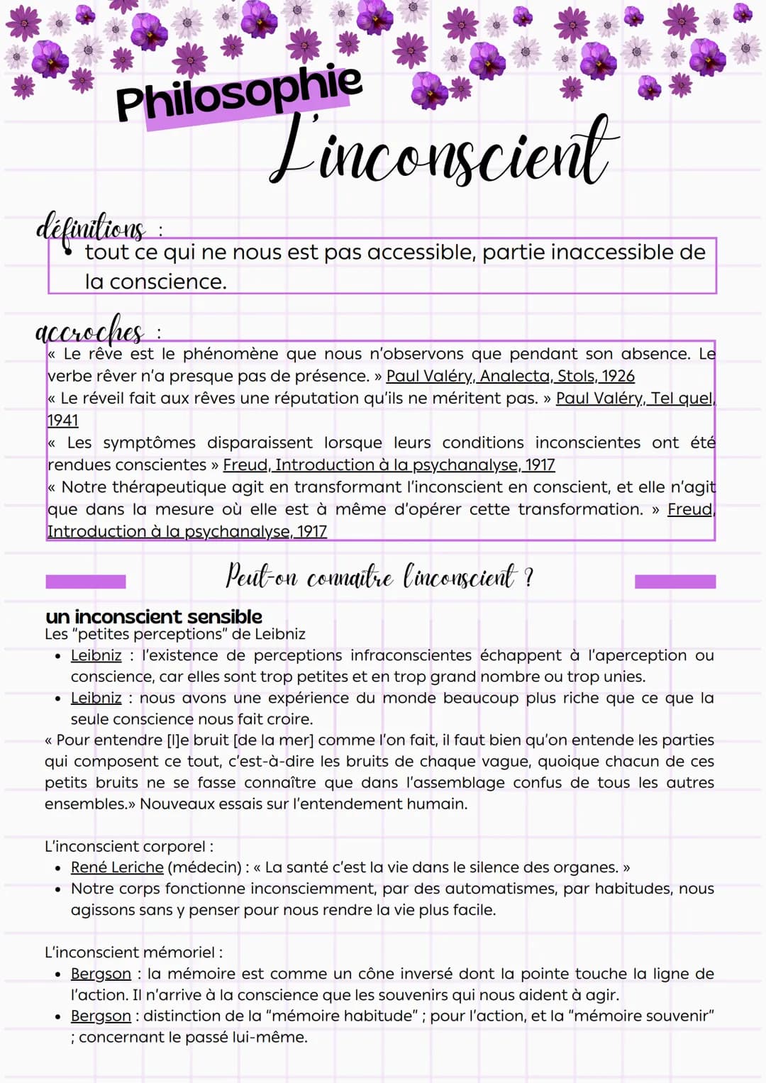 Philosophie
Linconscient
définitions
:
tout ce qui ne nous est pas accessible, partie inaccessible de
la conscience.
accroches :
« Le rêve e