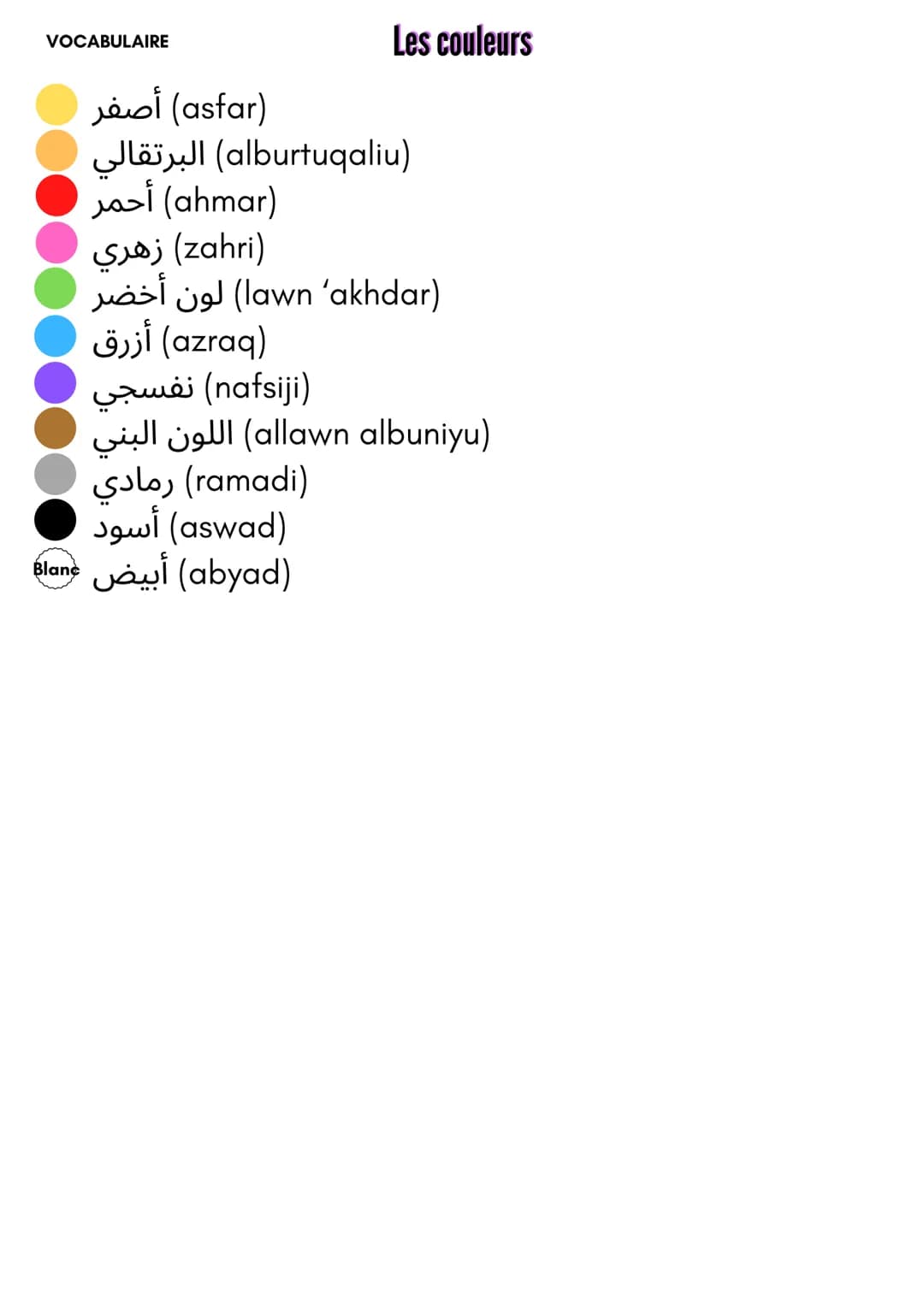 VOCABULAIRE
Les couleurs
(asfar) أصفر
(alburtuqaliu) البرتقالي
(ahmar) أحمر
(zahri) زهري
(lawn 'akhdar) لون أخضر
(azraq) أزرق
(nafsiji) نفسج