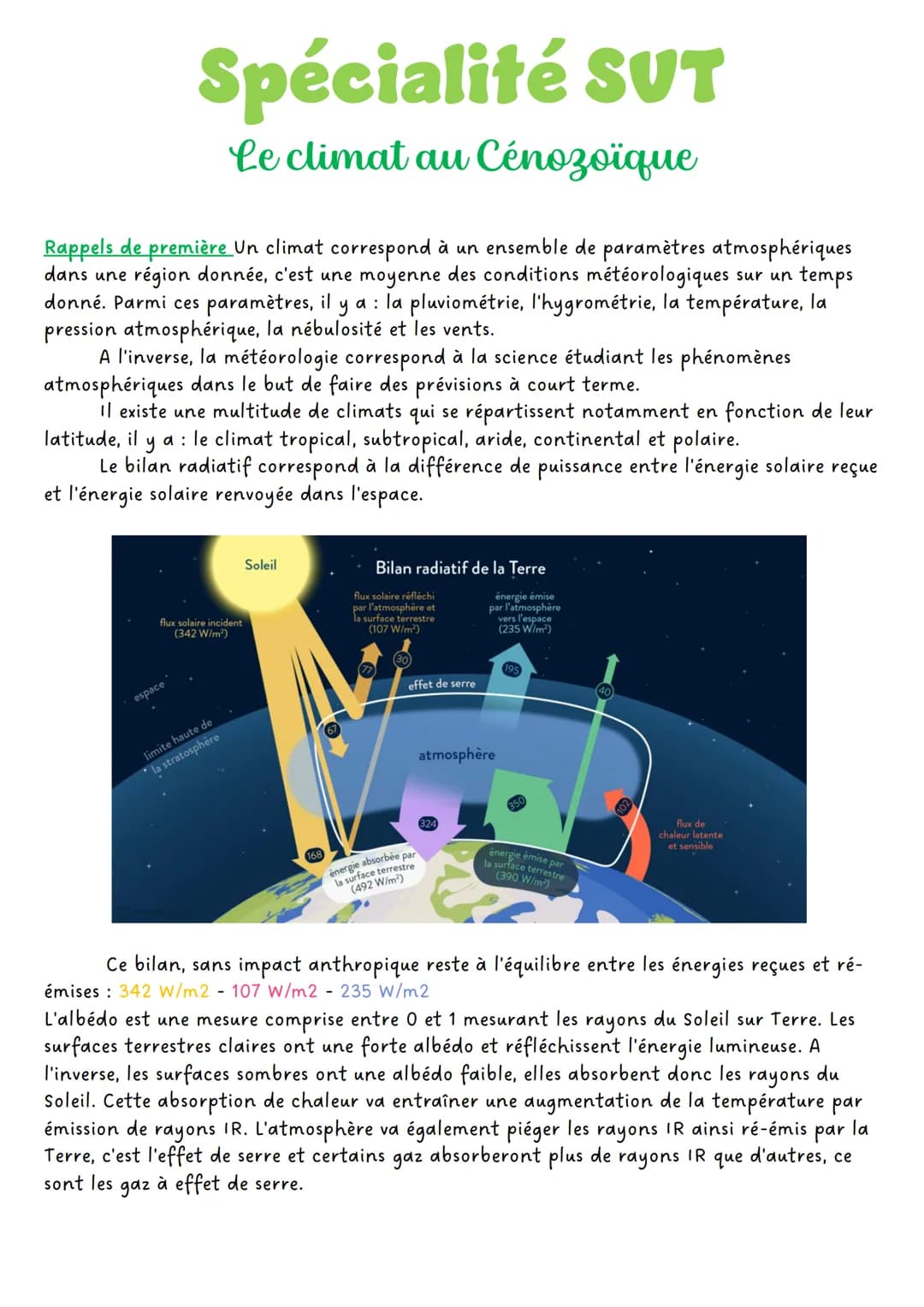 Spécialité SUT
Le climat au Cénozoïque
Rappels de première Un climat correspond à un ensemble de paramètres atmosphériques
dans une région d