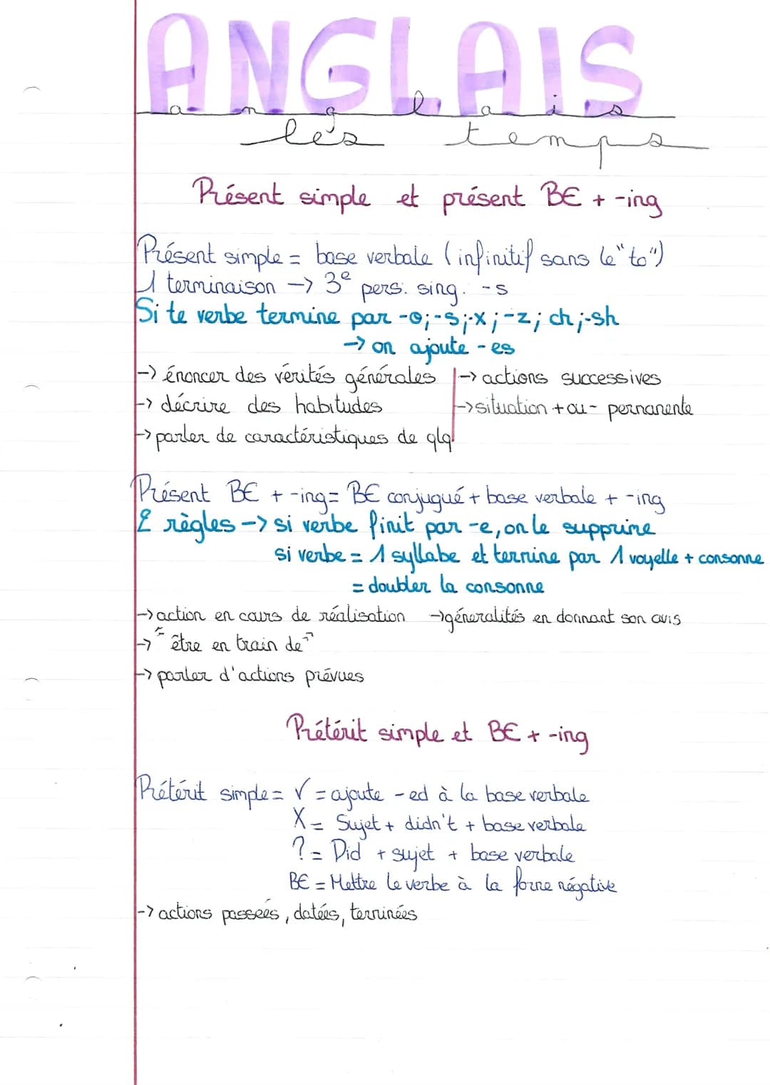 ANGLAIS
مشوه
les
temp
Présent simple et présent BE + -ing
sans le "to")
Présent simple = base verbale (infinitif
terminaison -> 3° pers. sin