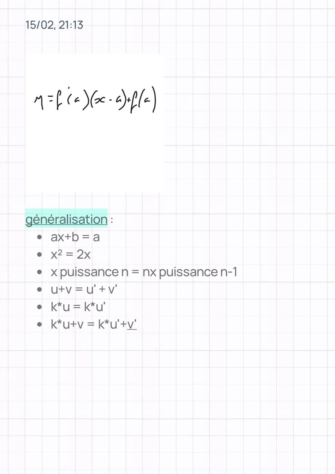 15/02, 21:13
La dérivation
dérivé d'une fonction :
coeff directeur :
MB-YA
OC
B
x
A
taux de variation:
f(a+h)-f(a)
équation tangente: 15/02,