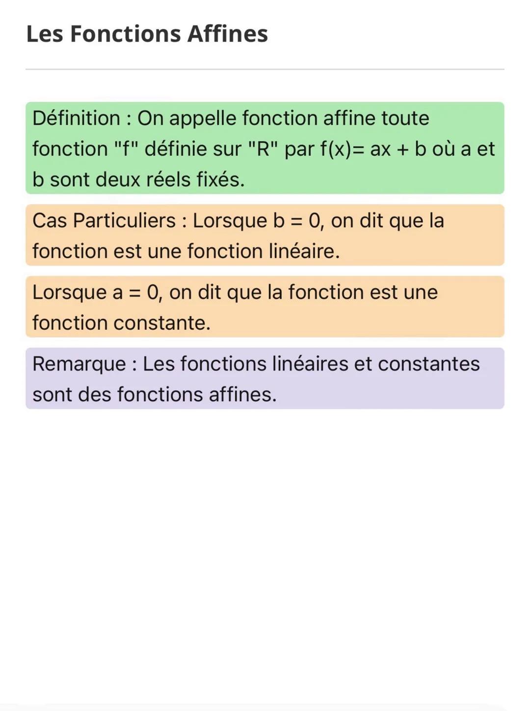 Les Fonctions Affines
Définition: On appelle fonction affine toute
fonction "f" définie sur "R" par f(x)= ax + b où a et
b sont deux réels f