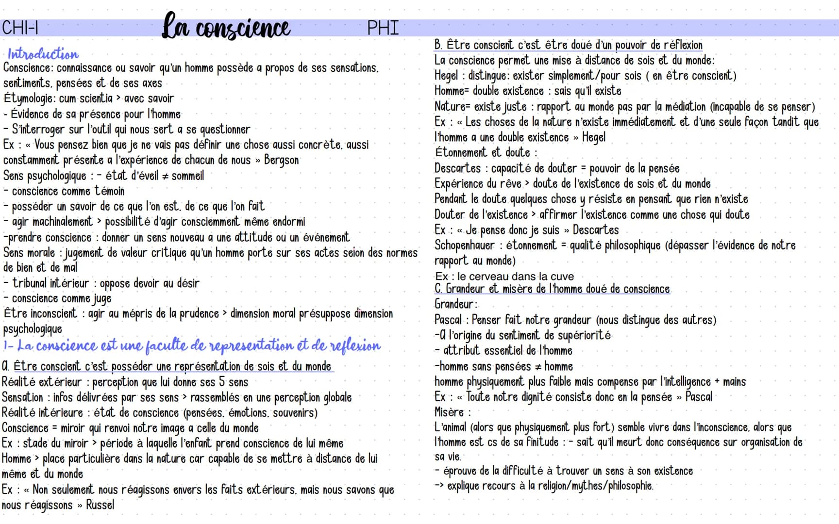 CHI-I
La conscience
Introduction
Conscience: connaissance ou savoir qu'un homme possède a propos de ses sensations.
sentiments, pensées et d