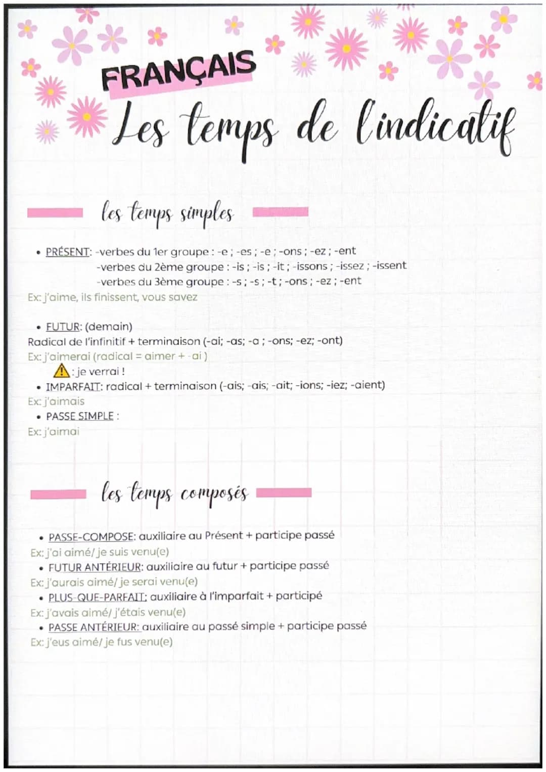 .
FRANÇAIS
Les temps de l'indicatif
les temps simples
PRÉSENT: -verbes du 1er groupe: -e; -es;-e;-ons; -ez; -ent
-verbes du 2ème groupe : -i