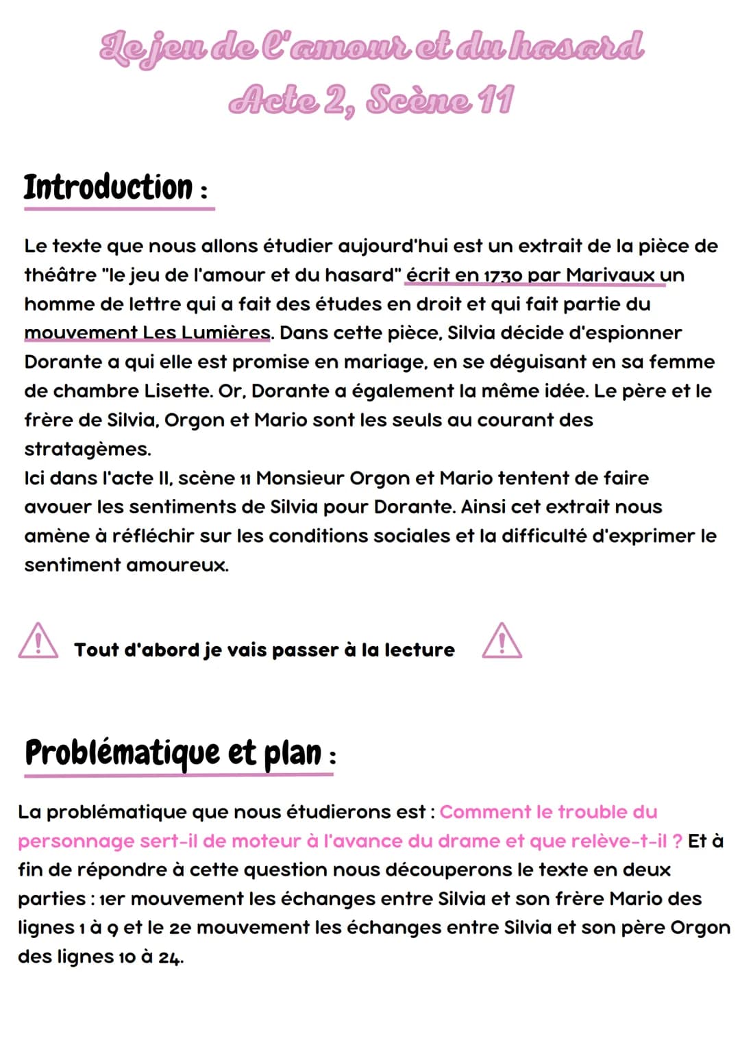 Le jeu de l'amour et du hasard
Acte 2, Scène 11
Introduction :
Le texte que nous allons étudier aujourd'hui est un extrait de la pièce de
th