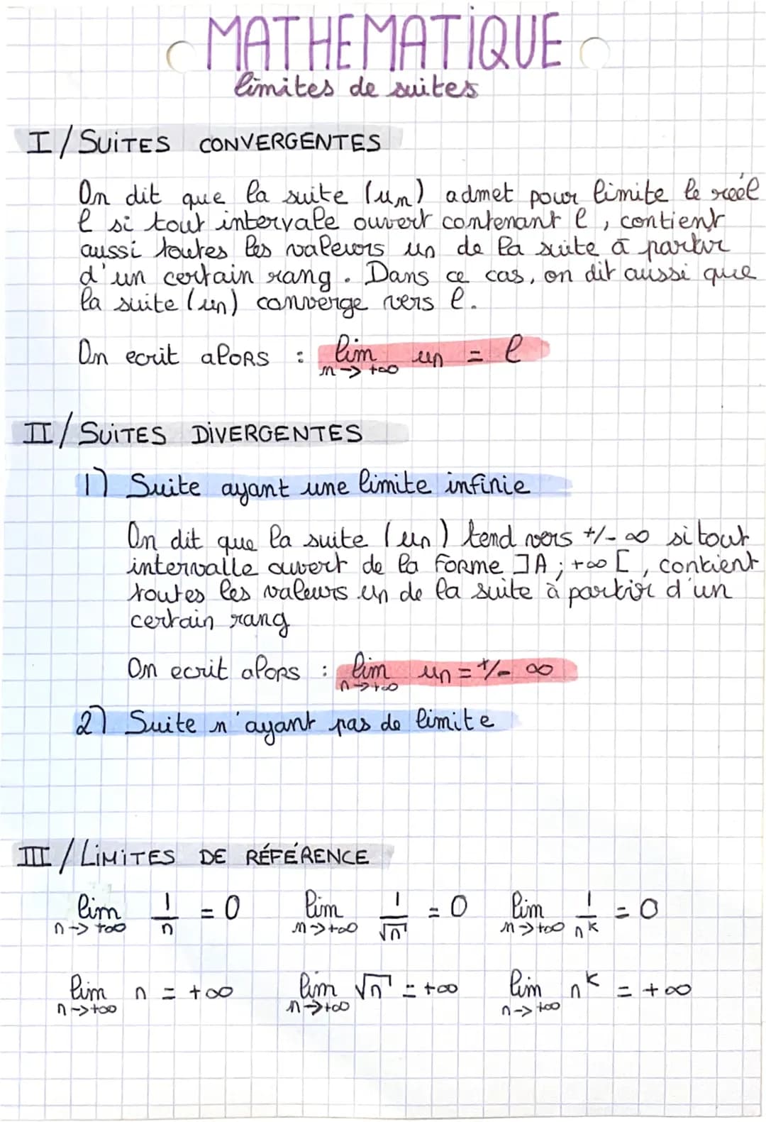MATHEMATIQUE
limites de suites
I/SUITES CONVERGENTES
On dit que la suite (un) admet pour limite le reel
I si tout intervale ouvert contenant