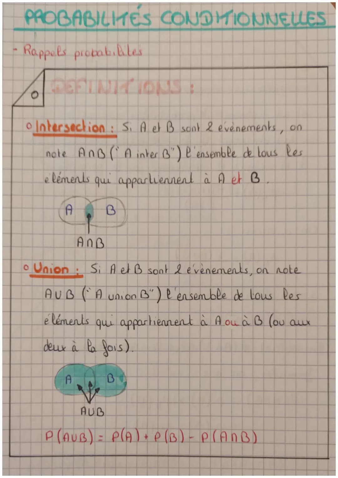 PROBABILITES CONDITIONNELLES
Rappels probabilites
oIntersection: Si A et B sont & evenements, on
note ANB(A inter B") l'ensemble de tous les