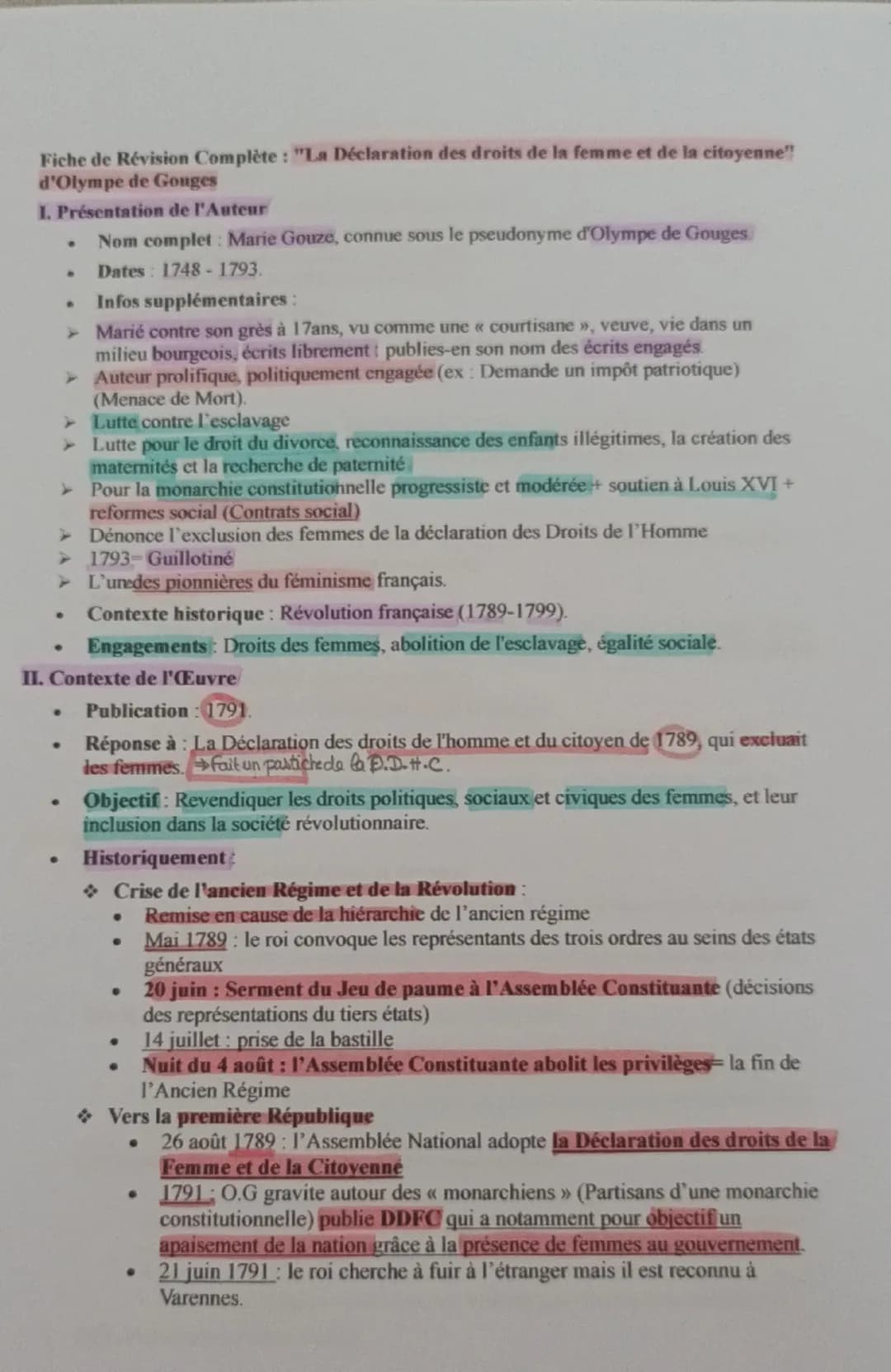 Fiche de Révision Complète : "La Déclaration des droits de la femme et de la citoyenne"
d'Olympe de Gouges
I. Présentation de l'Auteur
•
Nom