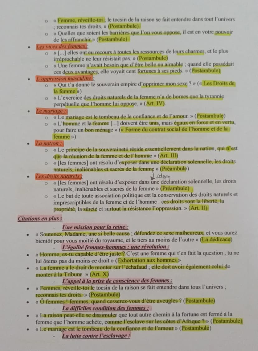 Fiche de Révision Complète : "La Déclaration des droits de la femme et de la citoyenne"
d'Olympe de Gouges
I. Présentation de l'Auteur
•
Nom