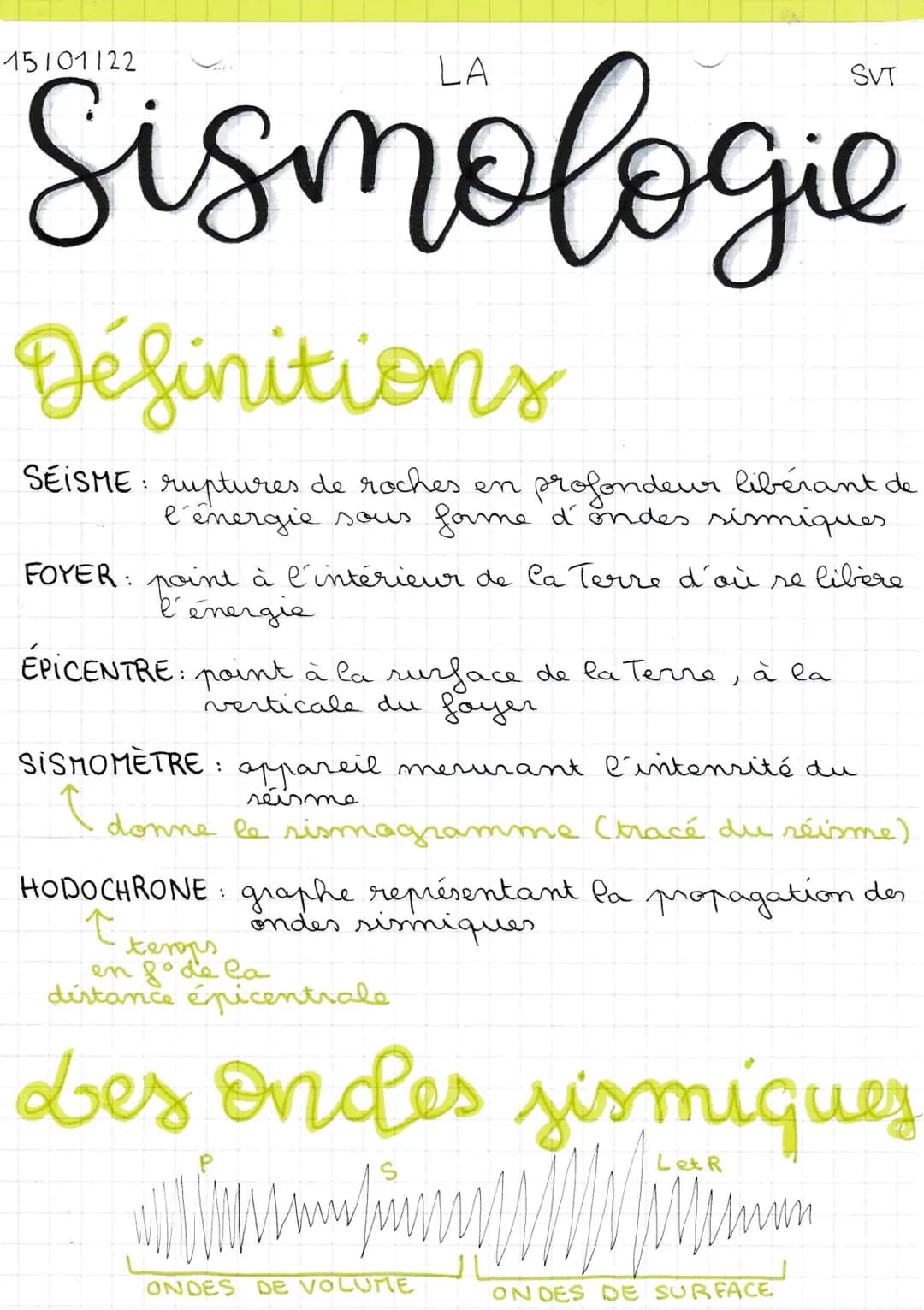 Sismologie
Définitions
SEISME: ruptures de roches en profondeur libérant de
l'énergie sous forme d'ondes sismiques.
FOYER: point à l'intérie