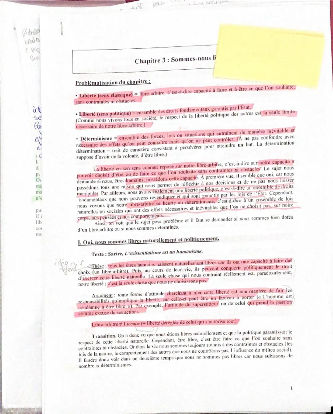 ## Chapitre 3 : Sommes-nous li

**Problématisation du chapitre :**

* Liberté (sens classique) = libre-arbitre, c'est-à-dire capacité à fair
