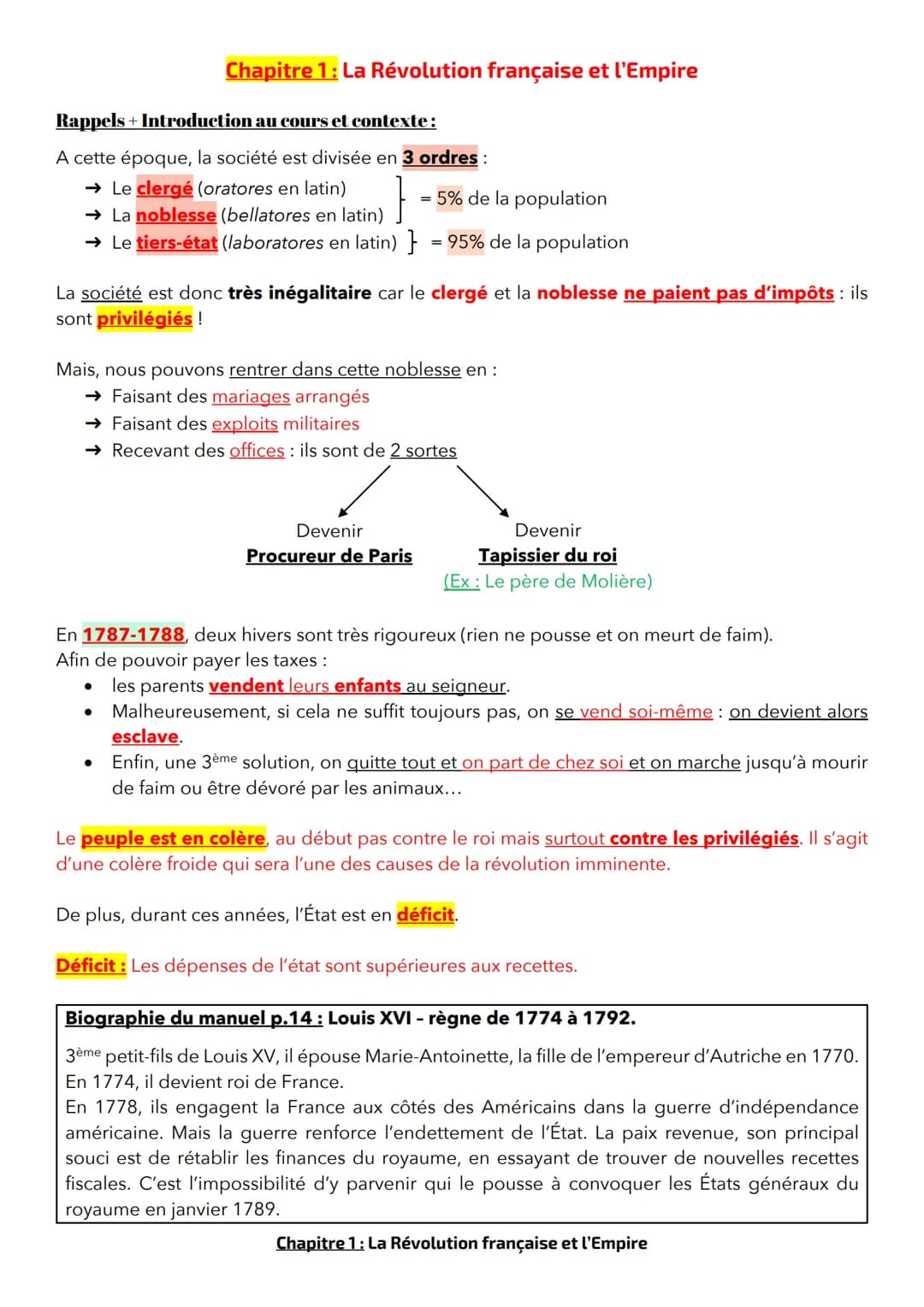 Rappels + Introduction au cours et contexte :
A cette époque, la société est divisée en 3 ordres :
Chapitre 1 : La Révolution française et l