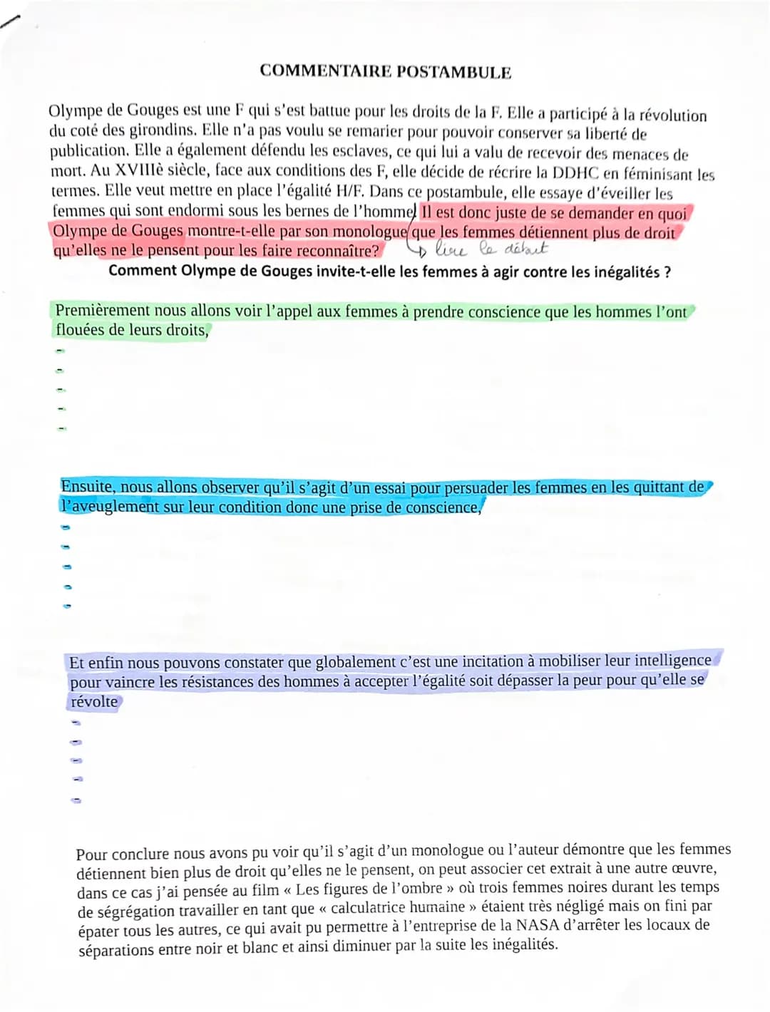 COMMENTAIRE POSTAMBULE
Olympe de Gouges est une F qui s'est battue pour les droits de la F. Elle a participé à la révolution
du coté des gir