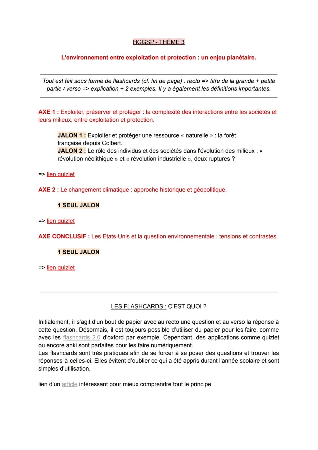 L'environnement entre exploitation et protection : un enjeu planétaire.
Tout est fait sous forme de flashcards (cf. fin de page): recto => t