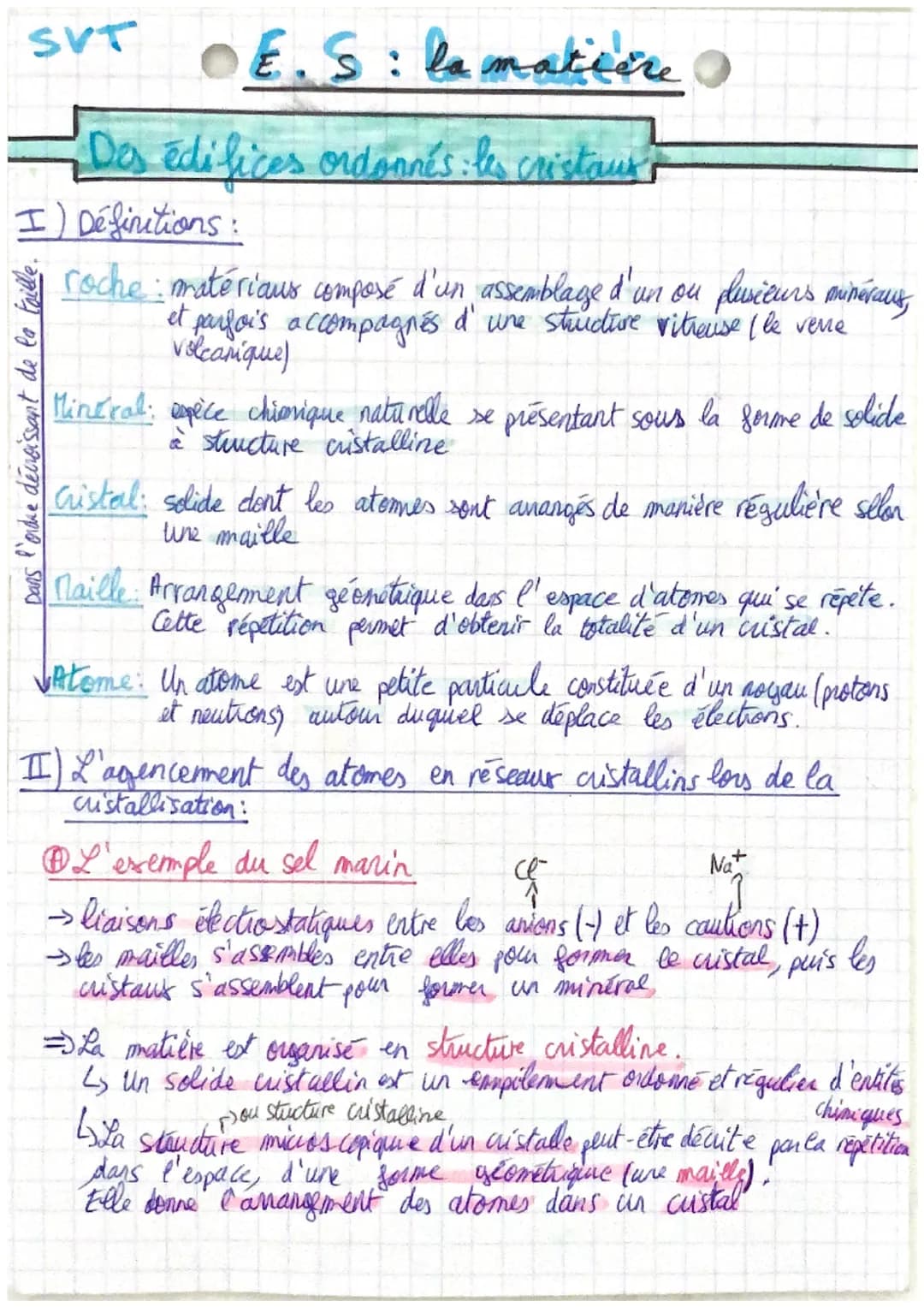 SVT
OE.S: la matière
Des édifices ordonnés : les cristaus
I) Définitions:
Dans l'ordre décroissant de la taille.
roche: matériaus composé d'