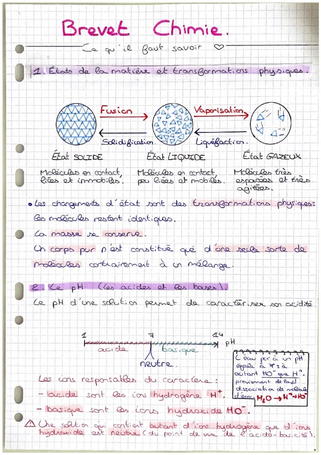 Brevet
Chimie
-I₂ qu
'il faut savoir
1. États de la matière et transformations physiques.
Fusion
Vaporisation
0
Liquefaction.
État LIQUIDE
É