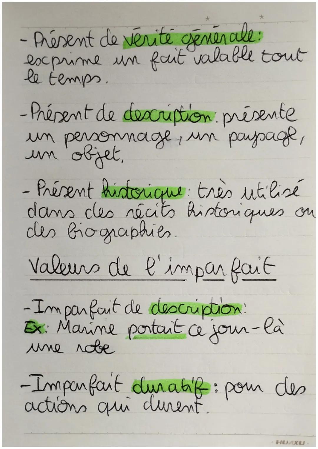 => Valeurs des temps
Valeurs du présent
Présent de narration: nend
l'action plus vivante clans un
récit aui passe
- Présent d'énonciation: e