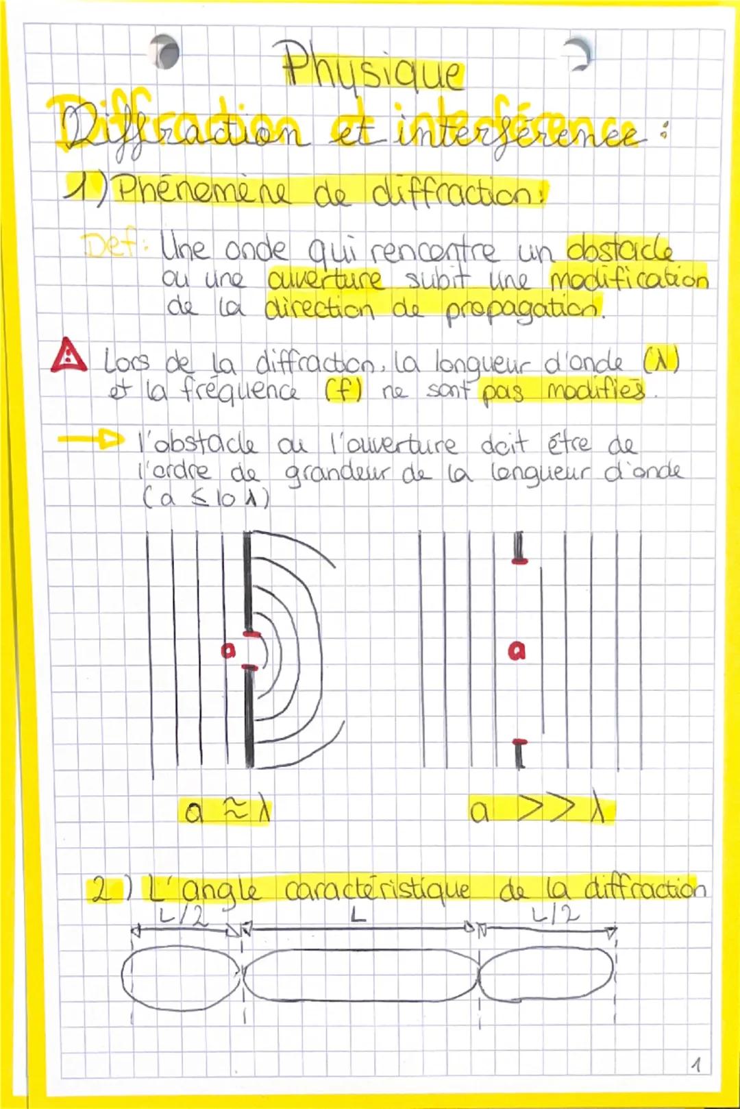 Physique
Diffraction et interférence :
1) Phénomène de diffraction:
Def: Une onde qui rencontre un obstacle
ou une ouverture subit une modif