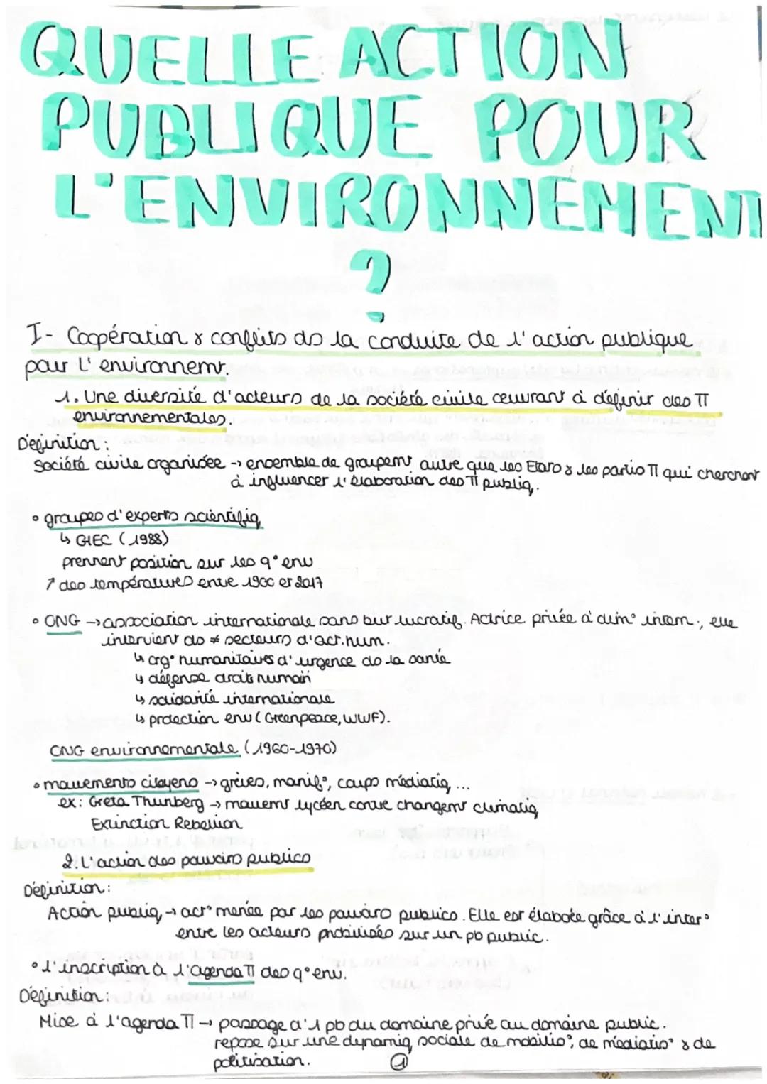 QUELLE ACTION
PUBLIQUE POUR
L'ENVIRONNEMENT
I- Coopération & conflits do la conduite de l'action publique
pour l'environnemt.
1. Une diversi