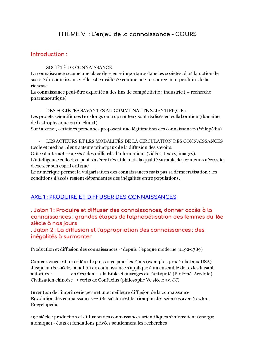 Thème VI - L'enjeu de la connaissance 