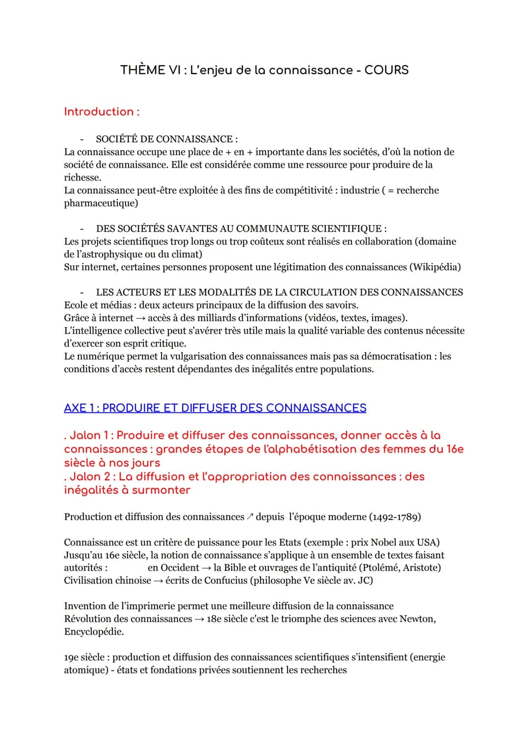 THÈME VI : L'enjeu de la connaissance - COURS
Introduction:
SOCIÉTÉ DE CONNAISSANCE :
La connaissance occupe une place de + en + importante 