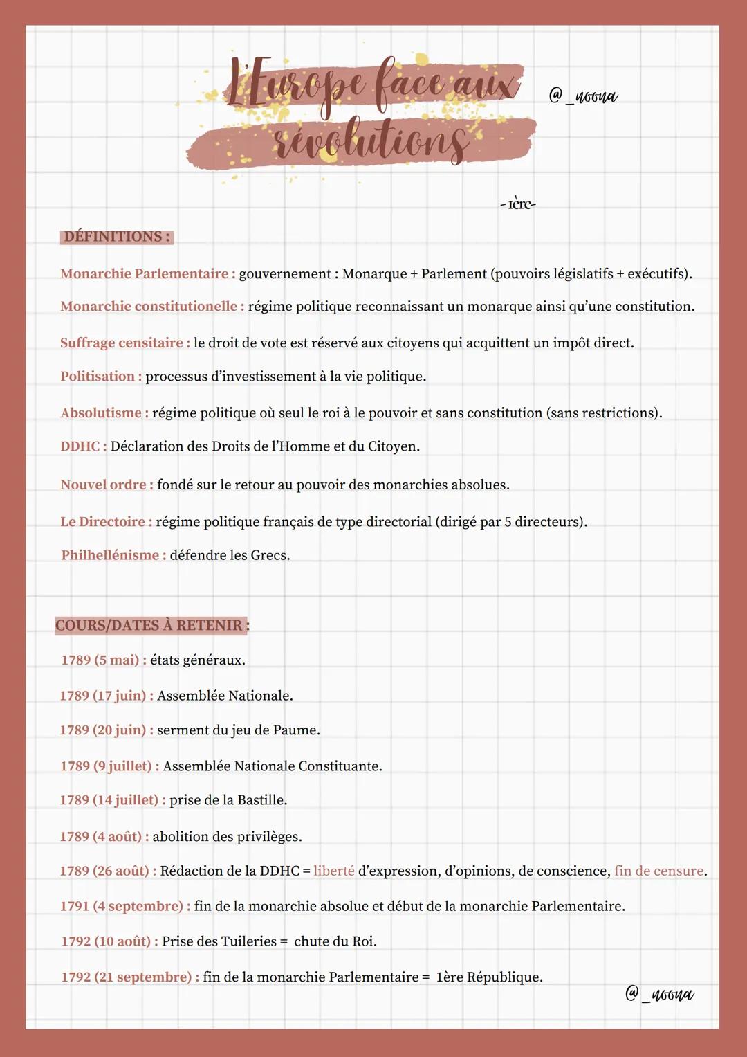 Hurope face aux
revolutions
-ière-
@noona
DÉFINITIONS:
Monarchie Parlementaire: gouvernement: Monarque + Parlement (pouvoirs législatifs + e