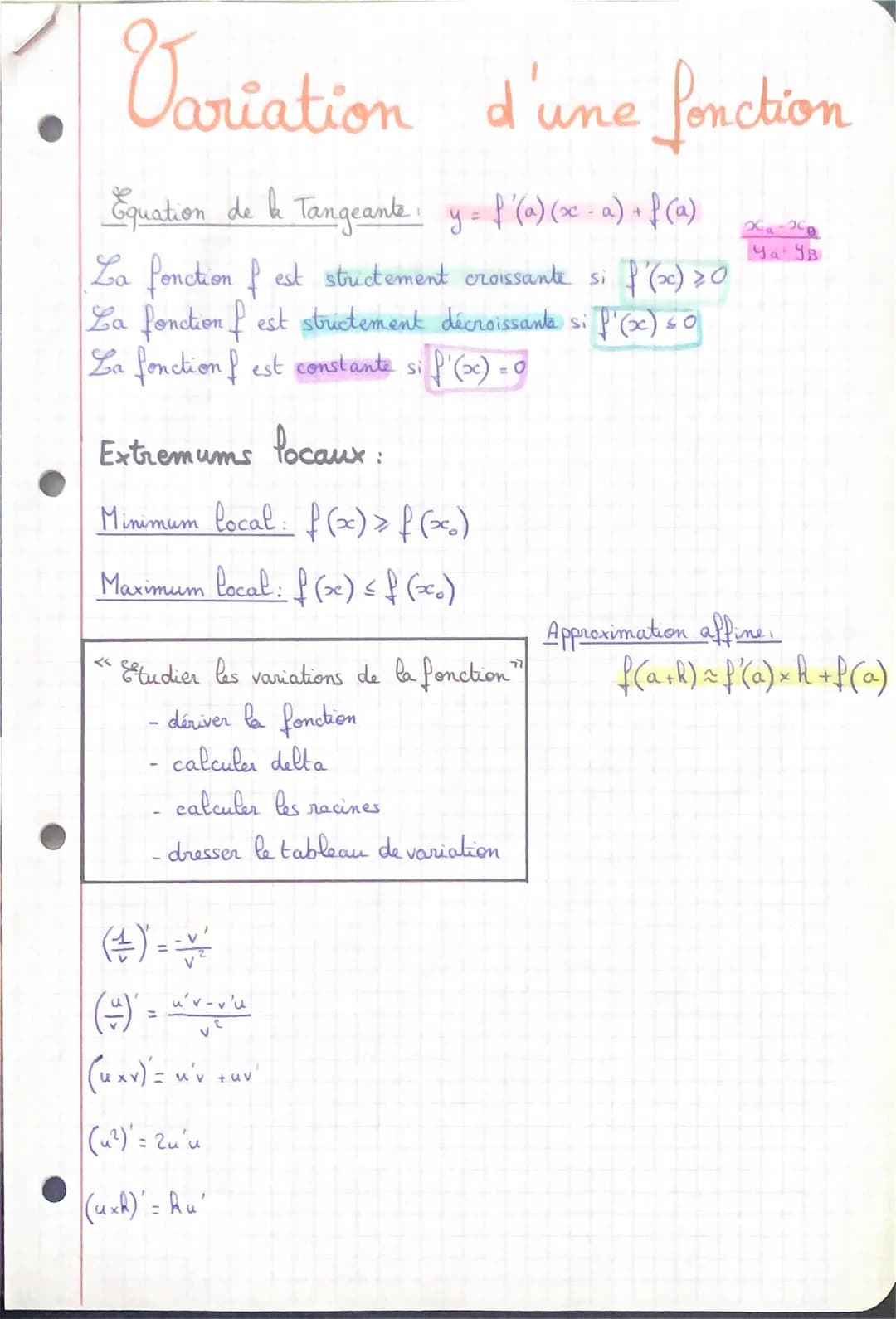 Variation d'une fonction
Equation de la Tangeante: y = f'(a)(x-a) + f(a)
La fonction of est structement croissante si f'(x) > 0
La fonction 