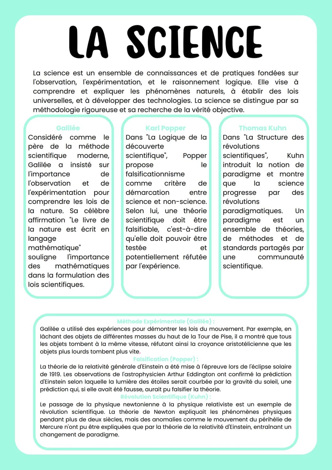 LA SCIENCE
La science est un ensemble de connaissances et de pratiques fondées sur
l'observation, l'expérimentation, et le raisonnement logi