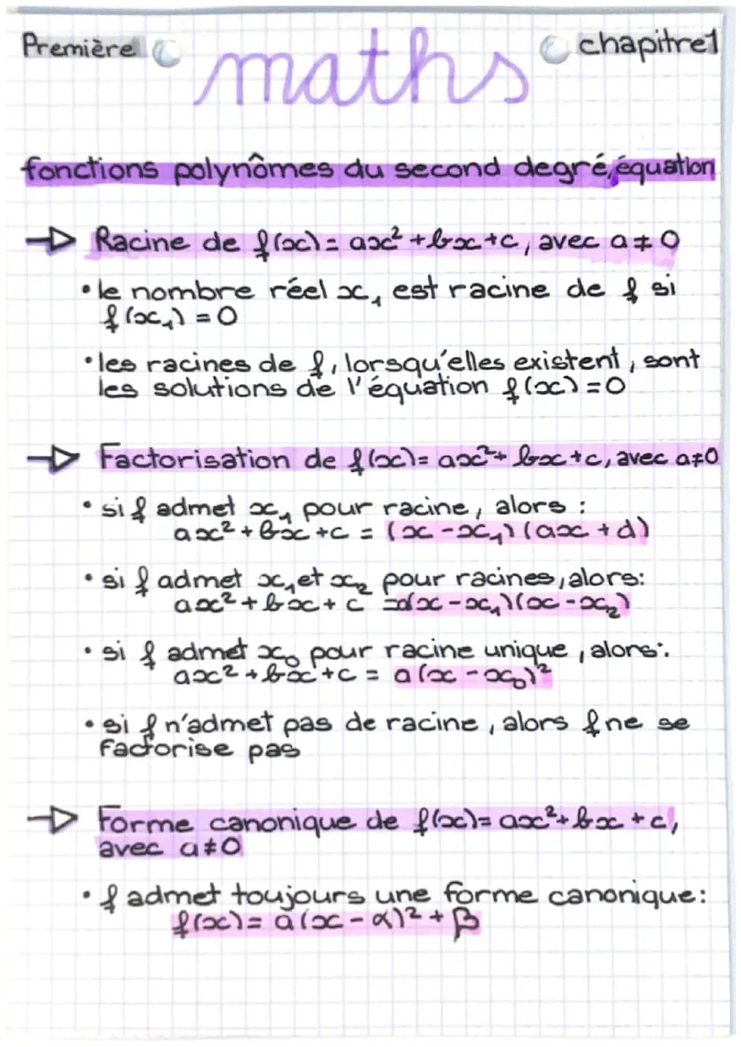 Première C
maths
chapitre
fonctions polynômes du second degré équation
Racine de floc)= ax² + bx+c, avec a±0
• le nombre réelo, est racine d