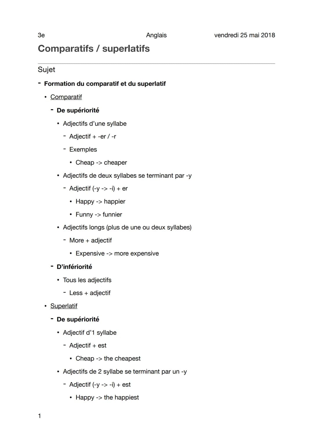 3e
Comparatifs / superlatifs
Sujet
Formation du comparatif et du superlatif
Comparatif
1
●
De supériorité
Adjectifs d'une syllabe
Adjectif +