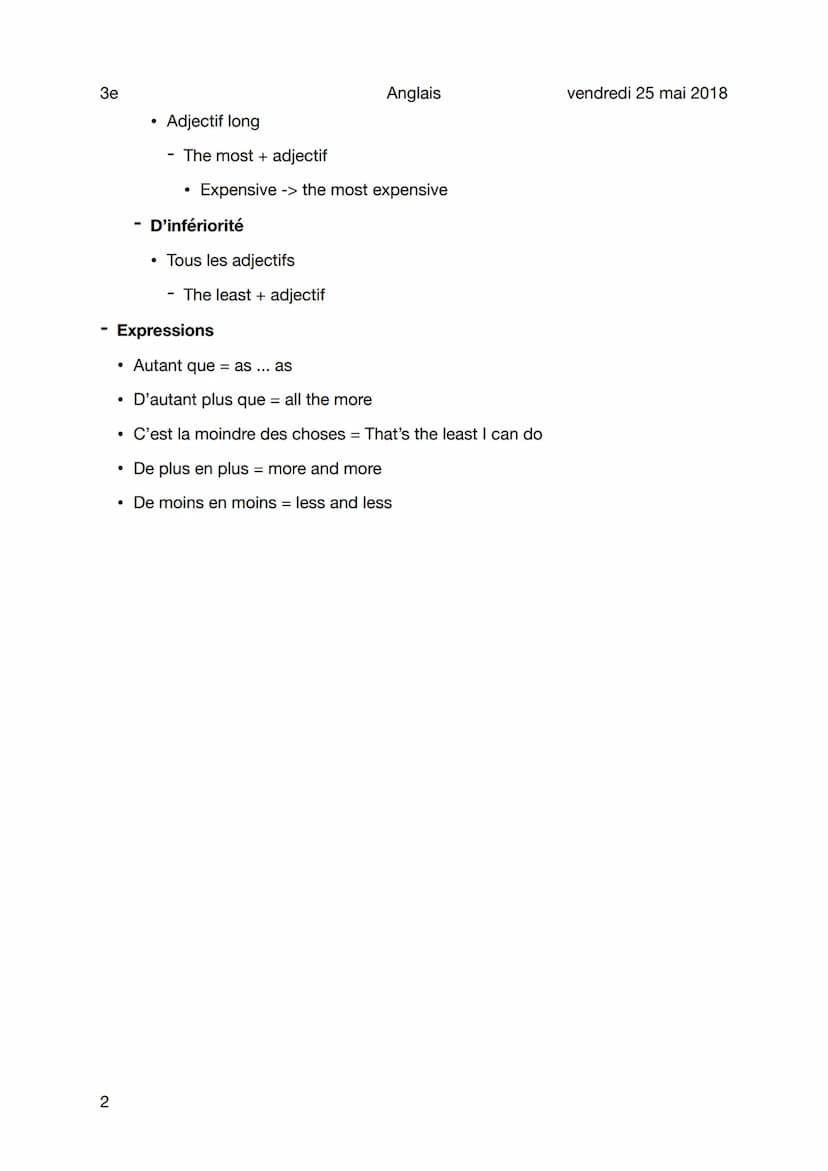 3e
Comparatifs / superlatifs
Sujet
Formation du comparatif et du superlatif
Comparatif
1
●
De supériorité
Adjectifs d'une syllabe
Adjectif +