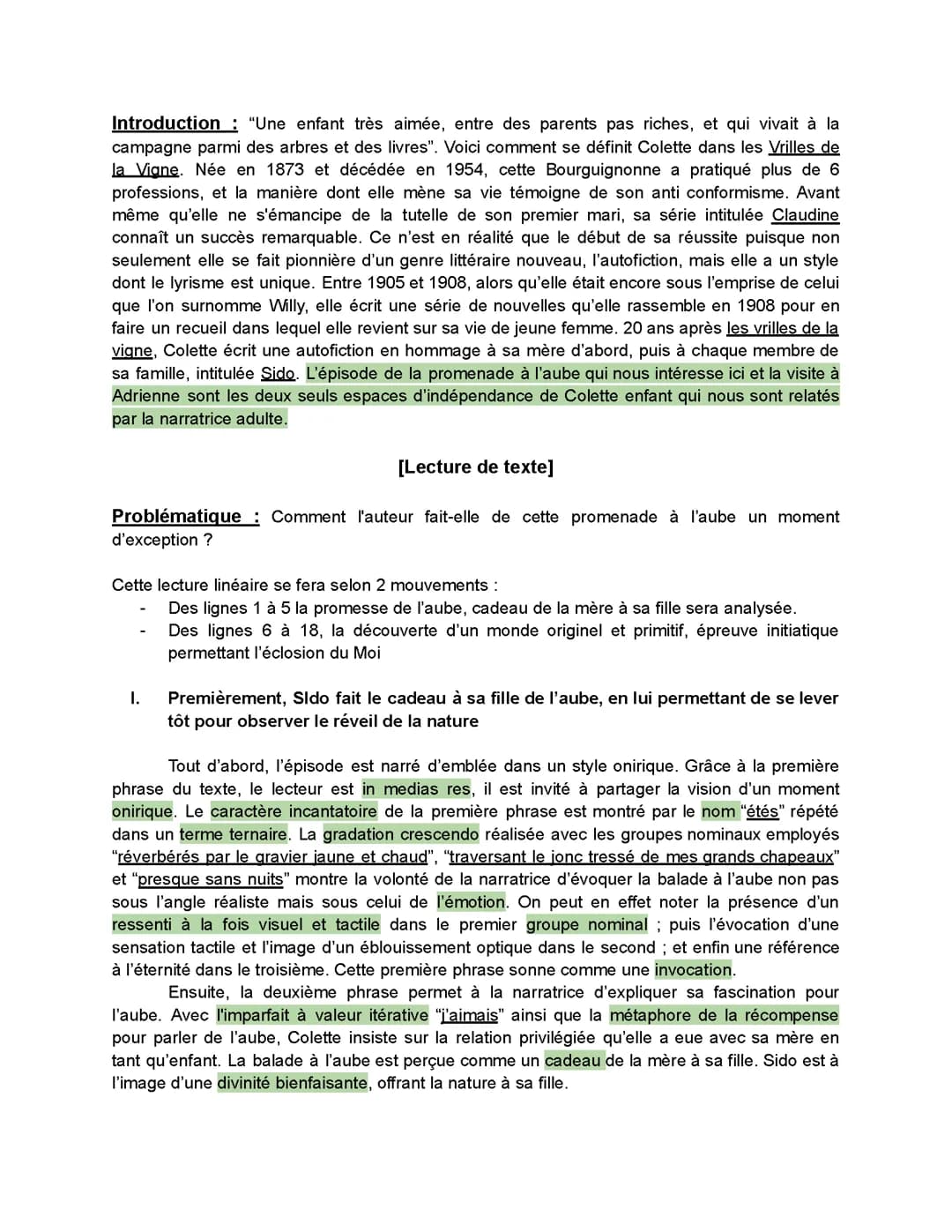 Lecture linéaire, Sido, extrait de "étés réverbérés" à "enfants endormis"