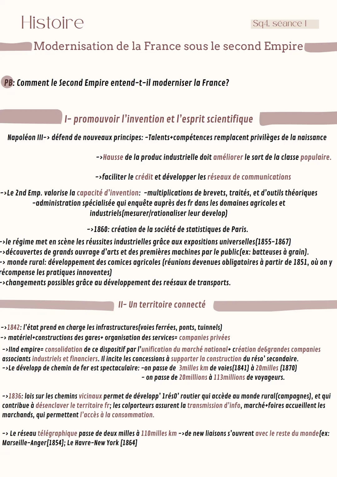 Histoire
Sq4. séance 1
Modernisation de la France sous le second Empire
PB: Comment le Second Empire entend-t-il moderniser la France?
I-pro