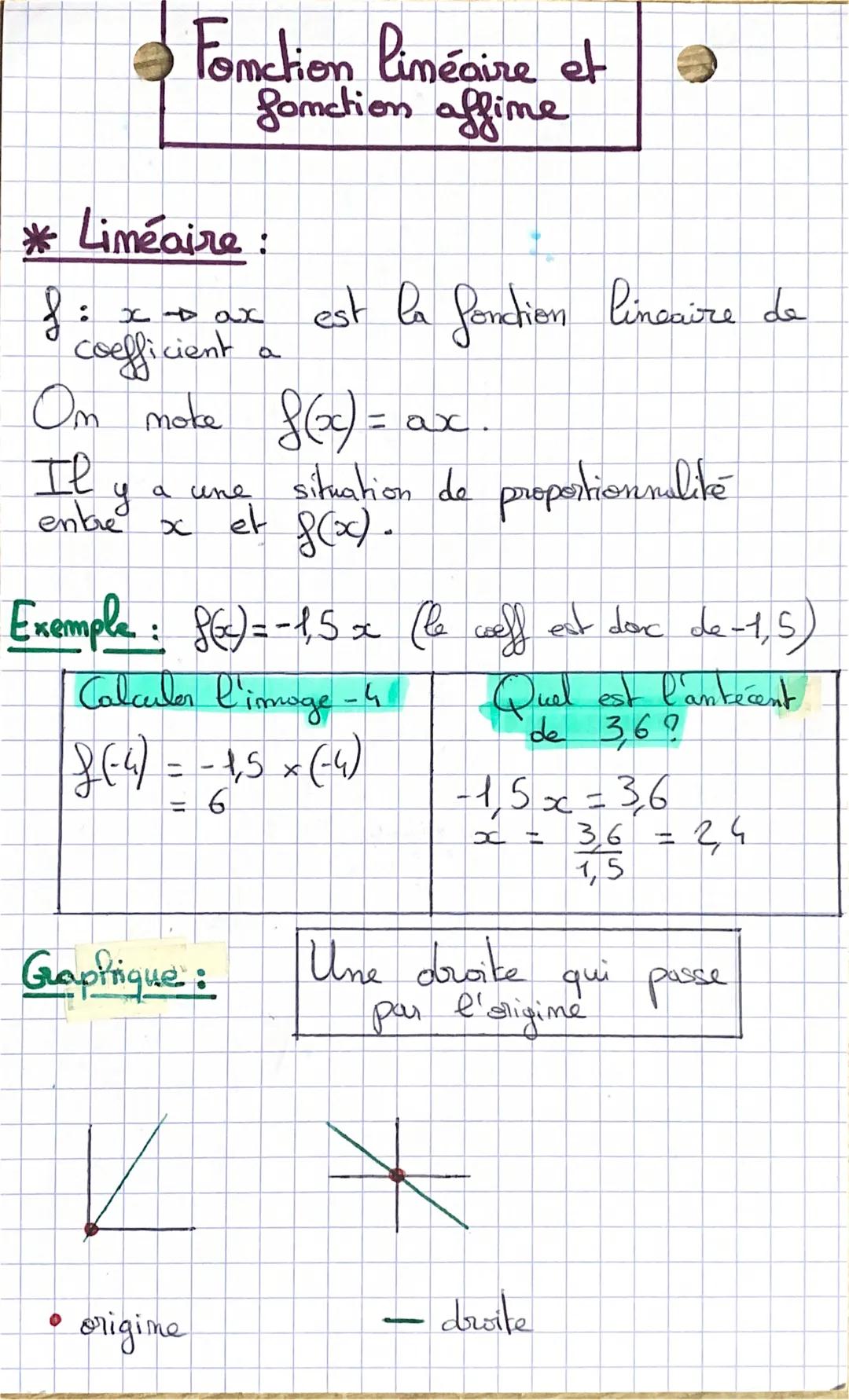 # Fonction liméaire et
Somction affime

* Liméaire:
8:
: xax est la fonction lineaire de
coefficient a

Om moke 8(x):
Il y
entre
= ax.
a une