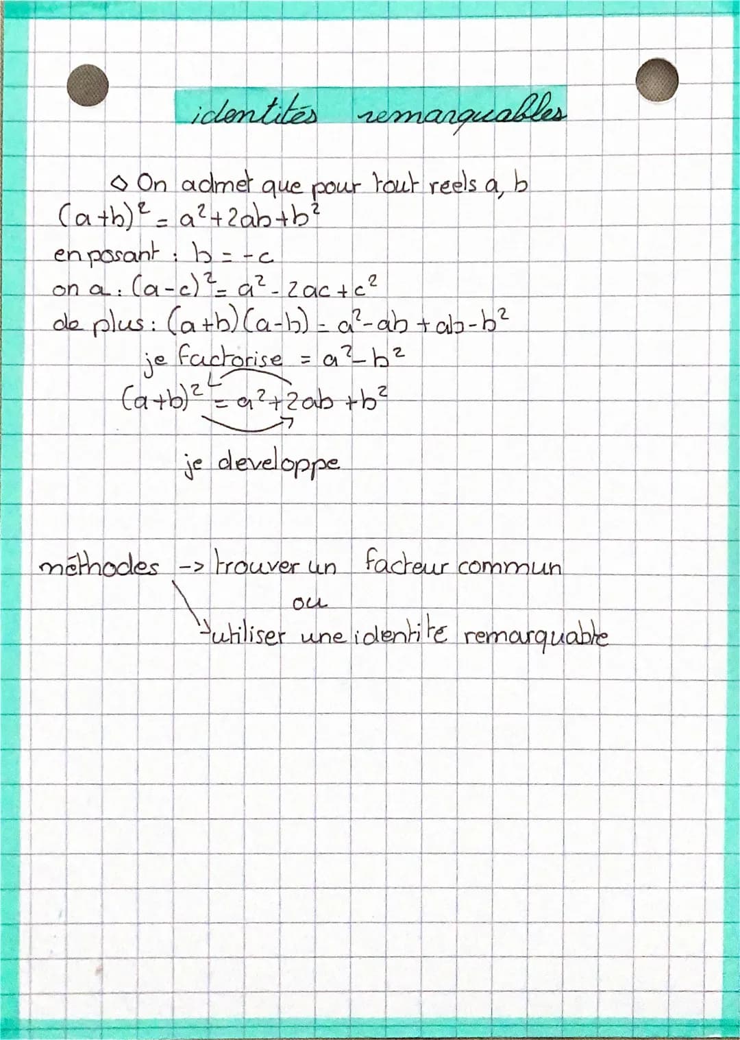 identités remarquables
On admet que pour tout reels.
(a+b)² = a ² + 2ab + b²
en posant : b = -c
on a : (a-c) ² = a₁² - Zac + c²
de plus: (a+