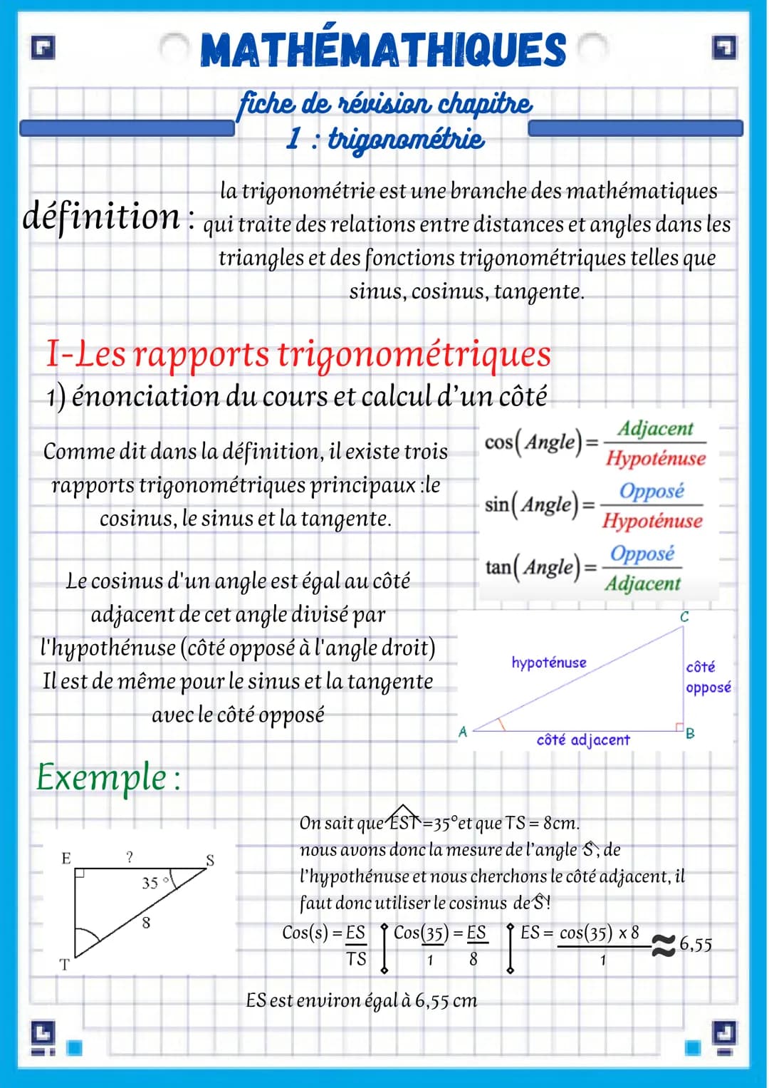 la trigonométrie est une branche des mathématiques
définition qui traite des relations entre distances et angles dans les
triangles et des f