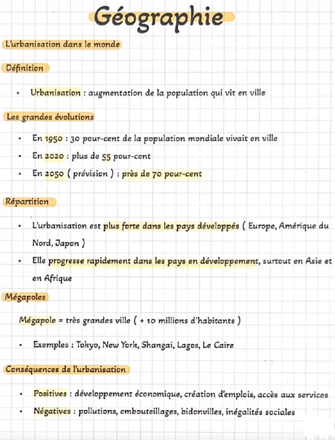 --- OCR Start ---
Géographie
L'urbanisation dans le monde
Définition
Urbanisation: augmentation de la population qui vit en ville
Les grande