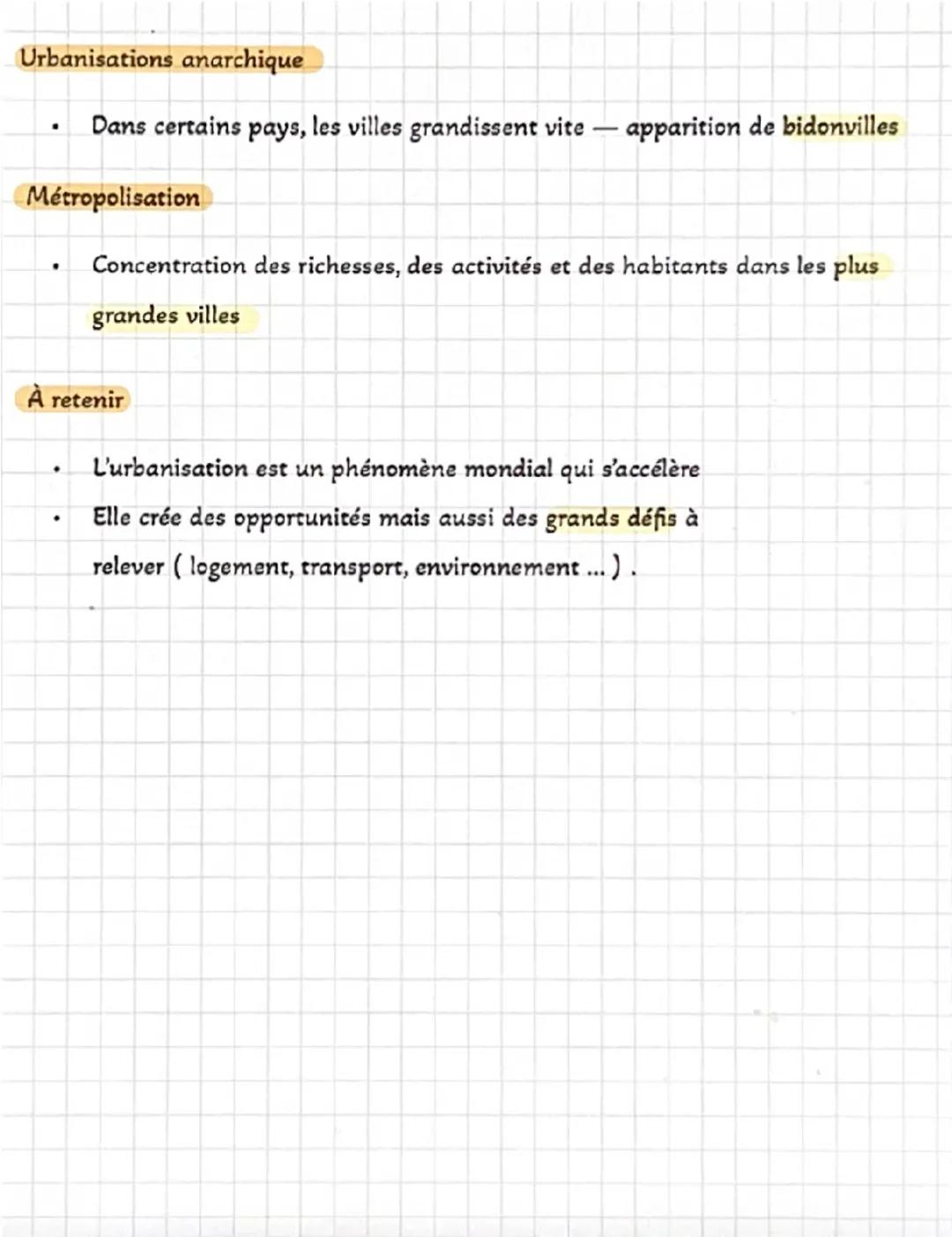 --- OCR Start ---
Géographie
L'urbanisation dans le monde
Définition
Urbanisation: augmentation de la population qui vit en ville
Les grande